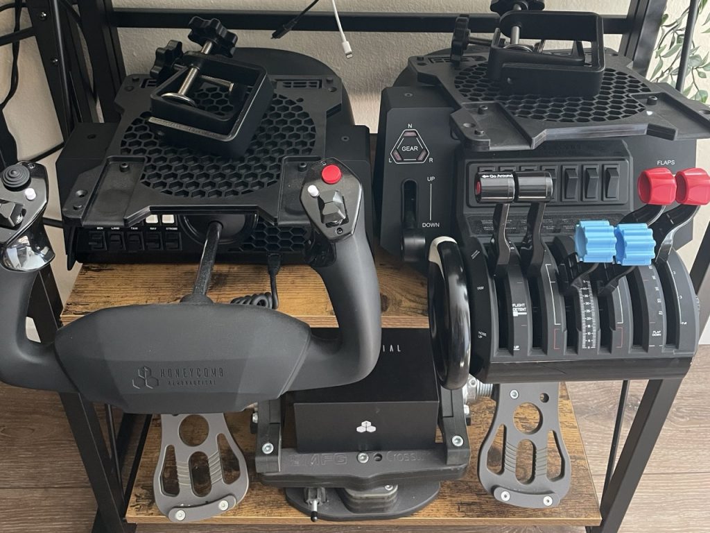 Flight Simulator Peripherals: Yoke, Throttle Quadrant, and Rudder Pedals.